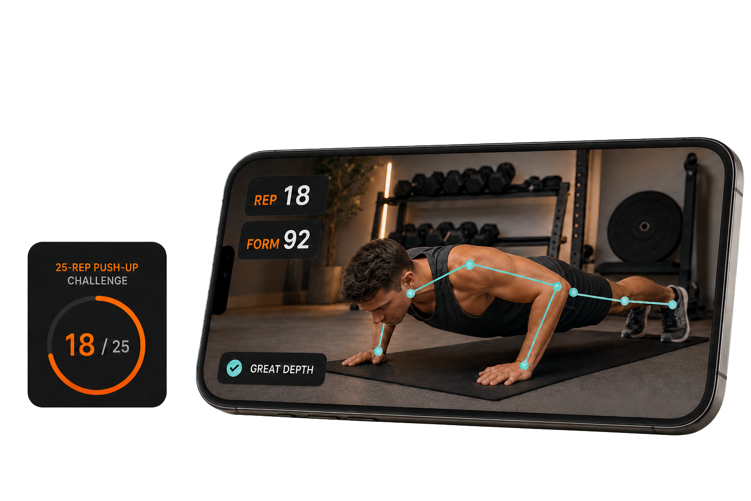 PushUp Pro live camera tracking a push-up with rep count, form score, and challenge progress