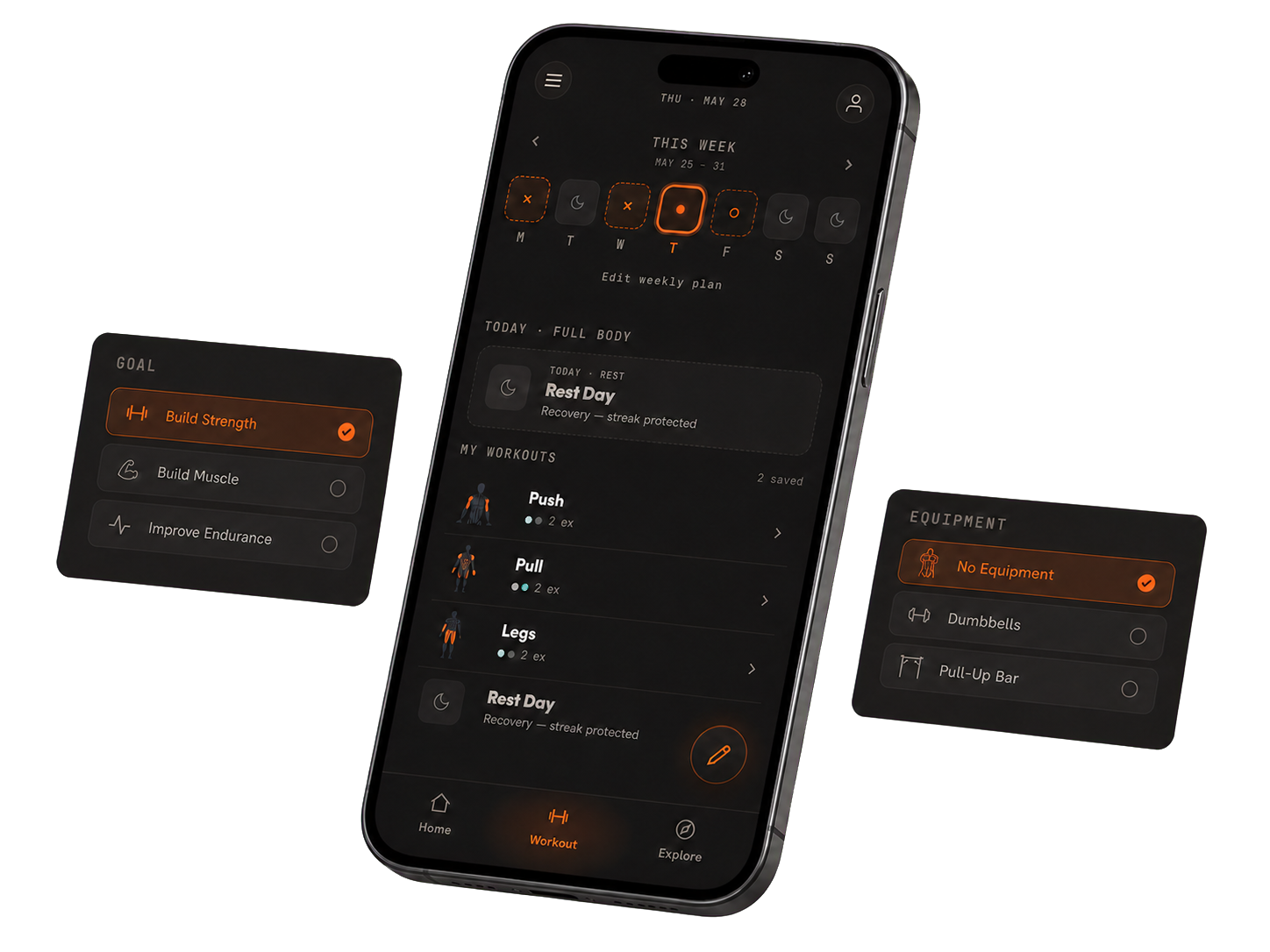 PushUp Pro personalized weekly plan with goal and equipment controls