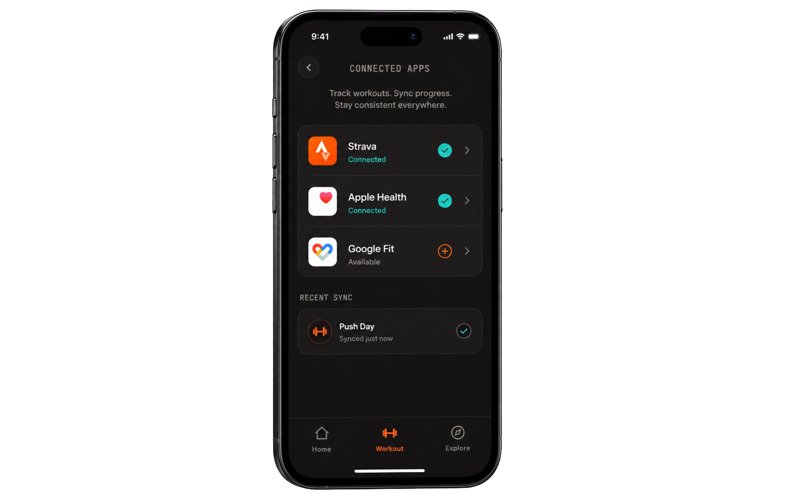PushUp Pro connected apps screen showing Strava, Apple Health, and Google Fit